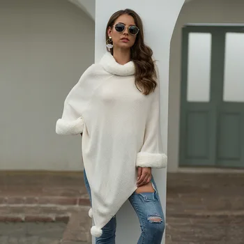 

Savabien 2019 Autumn Winter Warm Loose Casual Solid Batwing Sleeve Turtleneck Soft White Pullover Knitted Sweater Harajuku Cape