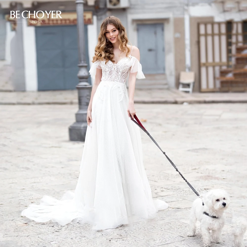 

Romantic Off Shoulder A-Line Wedding Dress Appliques Backless Princess BE CHOYER N161 Bride Gown Customized Vestido de Noiva