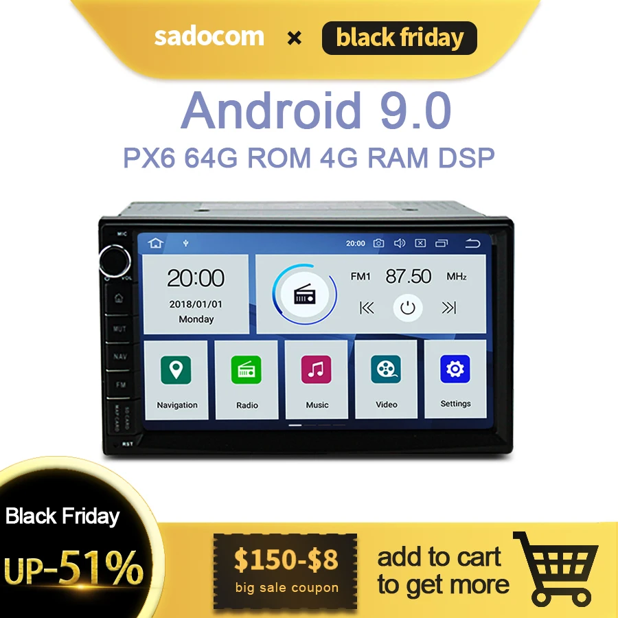 PX6 IPS 7“ 2 din Android 9.0 4GB RAM 64GB ROM 6 Core Car dvd player for Nissan Universal autoRadio GPS navigation Bluetooth wifi |