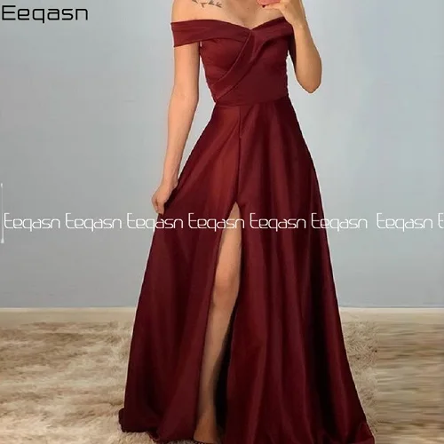 as picture Simple Burgundy Long Satin Prom Dresses with Slit Women Sexy Off the Shoulder A-line Backless Evening Gown Gala Dress - Color: as picture