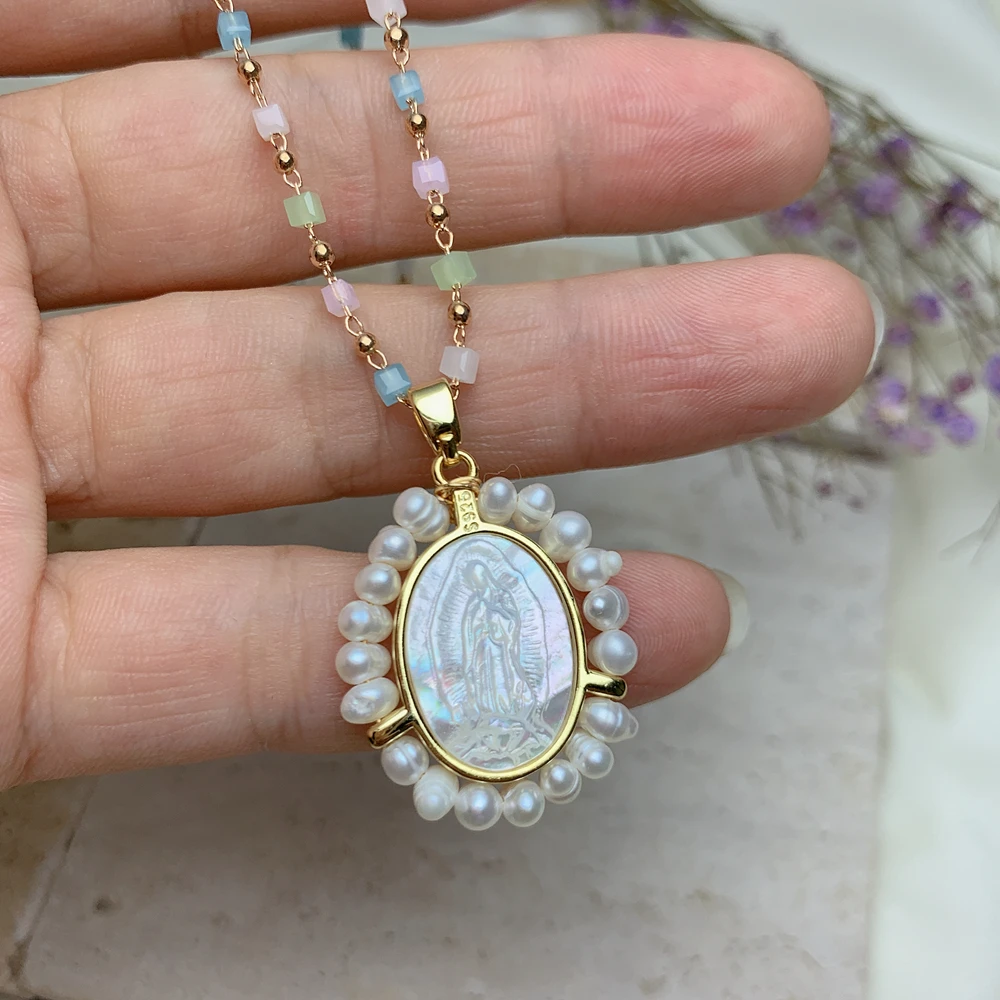 New Religiou Lady of Guadalupe Holy Virgin Necklace For Women 2021 Freshwater Pearl Stone MOP Shell Oval Medal Pendant Jewelry