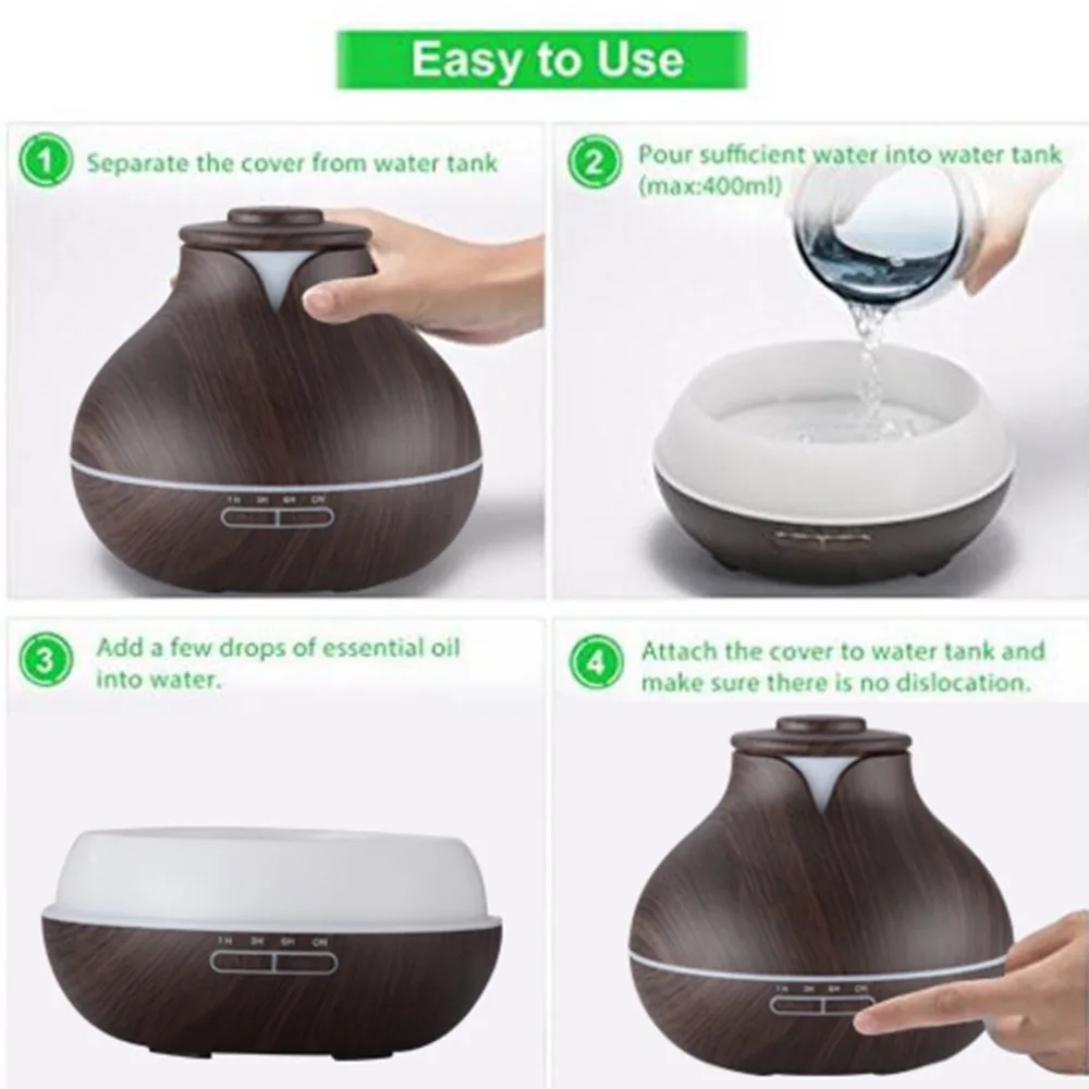 Electric 400ml Aroma Essential Oil Diffuser Aromatherapy Ultrasonic Air Humidifier with Wood Grain 7 Color Changing LED Light US