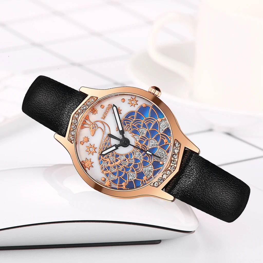 MEIBO женские кожаные Павлин Из алмазов часы повседневные роскошные женские кварцевые аналоговые часы подарок