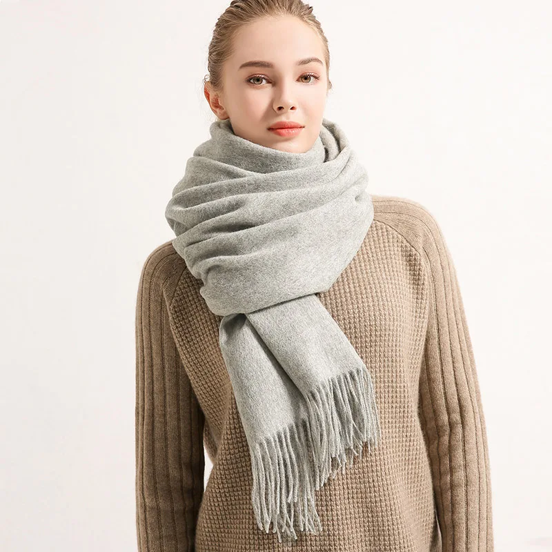 Зимний женский шарф из шерсти, большие размеры, бренд, уличные теплые шарфы для женщин, одноцветные шарфы из пашмины и шерсти с кисточками - Цвет: Light Grey