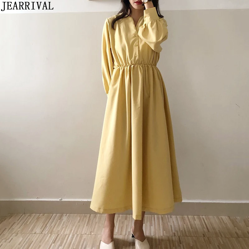 

2019 Autumn Women Long Dresses Korean Fashion Long Sleeve V-Neck White Casual Maxi Dress Elegant Ladies Vestidos Robe Femme