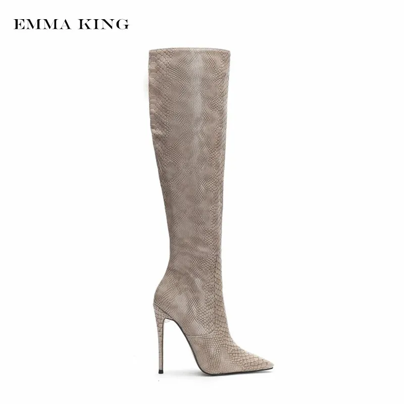 Emma king/ г.; зимние Роскошные винтажные женские сапоги до колена из змеиной кожи с замшевой подкладкой на тонком каблуке 10 см - Цвет: Beige