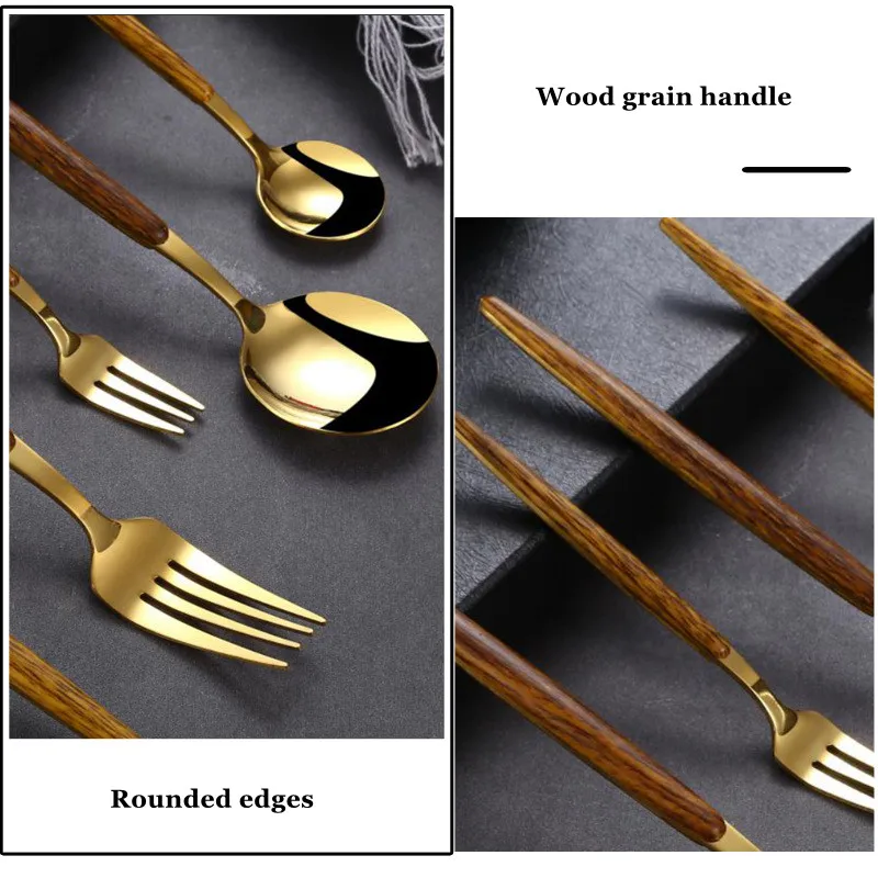 Description Picture 4 of item30Pcs Stainless Steel Dinner Gold Imitation Wooden Handle Dinnerware Knife Coffee Spoon Fork Cutlery Set Tableware Silverware