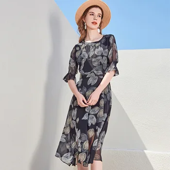 

2020 Silk Women's Wear Europe And America Dress Bubble Sleeve Printing Silk Dress Long Office ladies dress