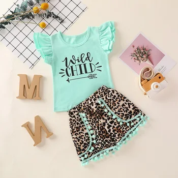 

Kids Girls Clothes Set Summer Flare Sleeve T Shirt Casual Letter Cotton Tops Leopard Shorts Kids Baby Girl Clothing Set Kit 2Pcs