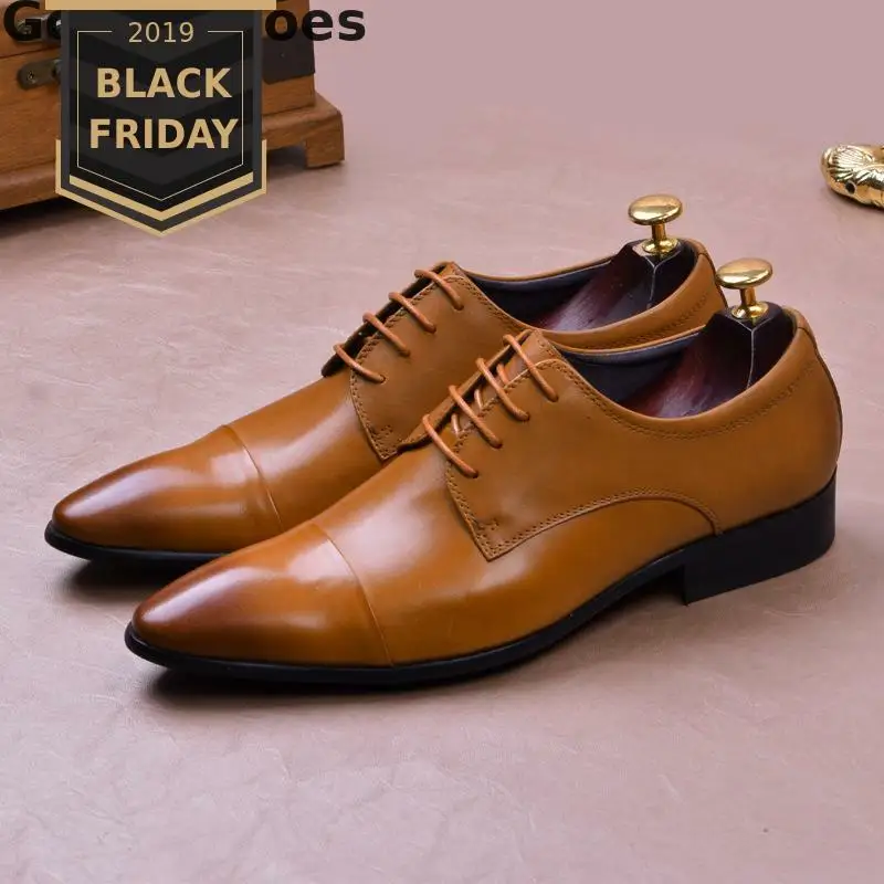 Men Shoes Oxfords Cow Leather Black Brown Lace-up Pointed Capped Toe Formal Shoes Business Dress Shoes Men Wedding Shoes Office