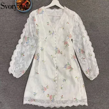 

Svoryxiu Runway Autumn Jacquard Lace Embroidery Dresses Women's V Neck Lantern Long Sleeve High Waist Short Dress