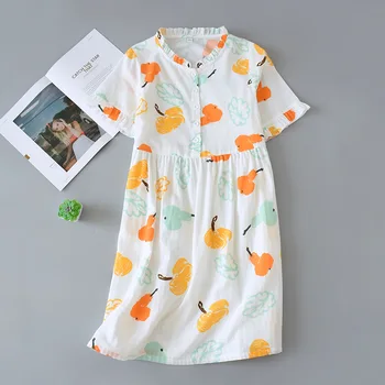 

Cute Printed Lady Nightgown Cotton Gauze Nightdress Women's Summer Thin Ear Collar Short Sleeve MINI Sleep Dress Sexy Negligee