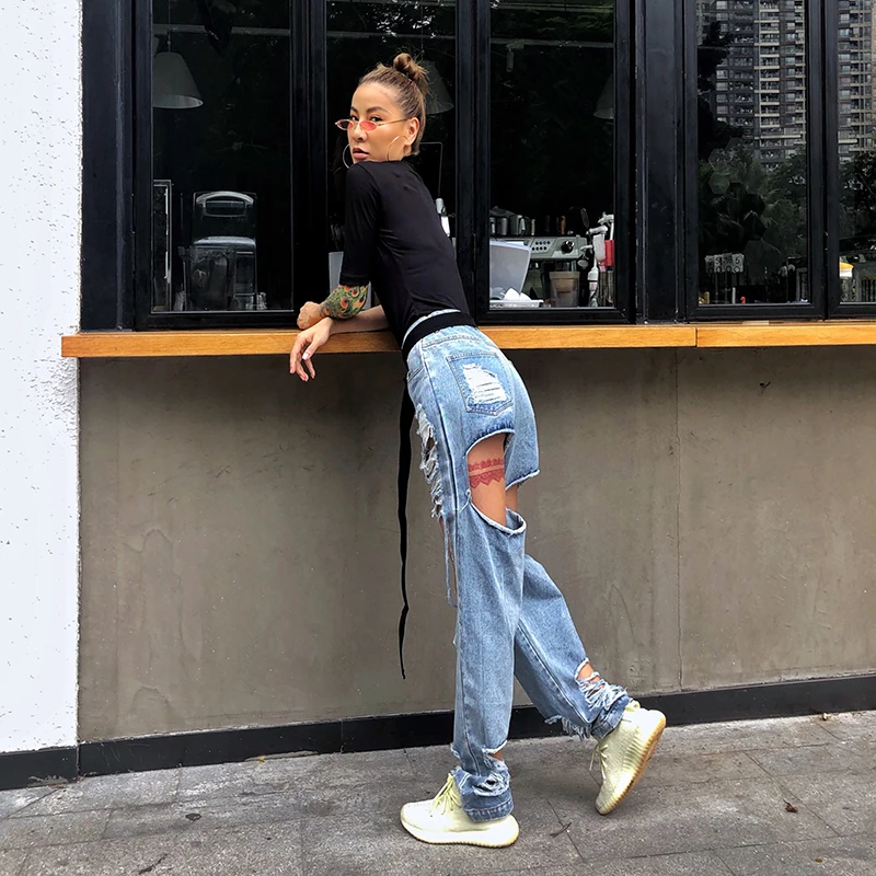 TWOTWINSTYLE Streetwear Ripped Hole Straight Denim Pants For Women High Waist Pants Female Fashion Clothes Summer New
