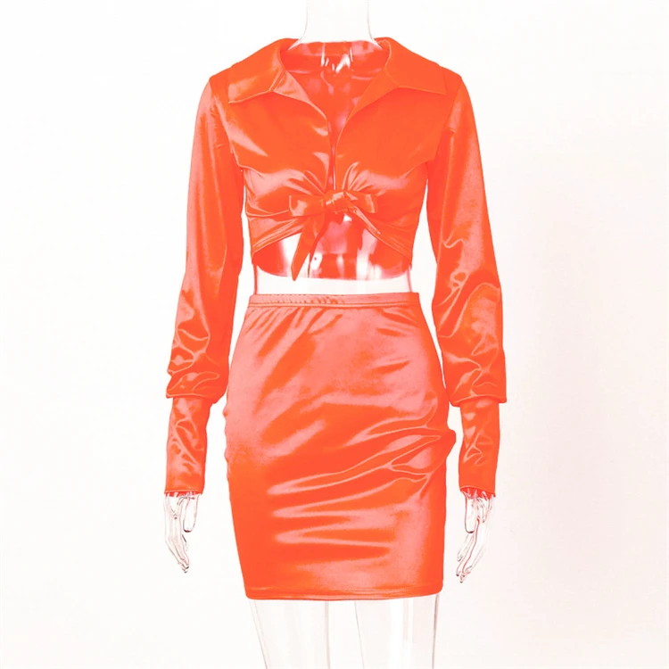 A120172 newest turn-down collar long sleeve tying deep v neck skirt set women pant two piece sets clothing