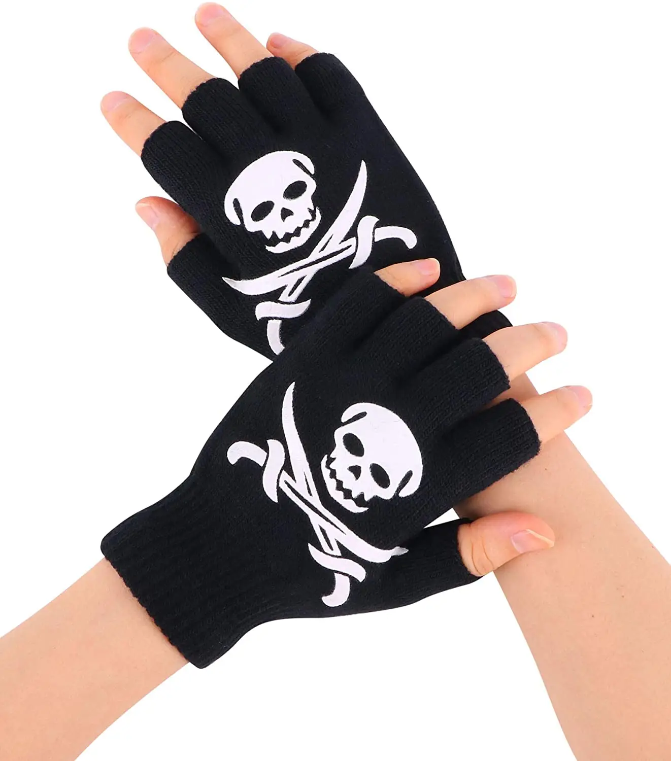 Unisex Adult Halloween Skeleton Skull Half Finger Gloves Glow In The Dark Fingerless Stretch Knitted Winter Mittens