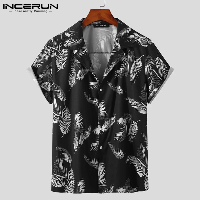 INCERUN 남성용 하와이안 셔츠, 프린트 스트리트웨어, 라펠 반팔, 단추 패션, 캐주얼 셔츠, 2024 여름 휴가 S-3XL