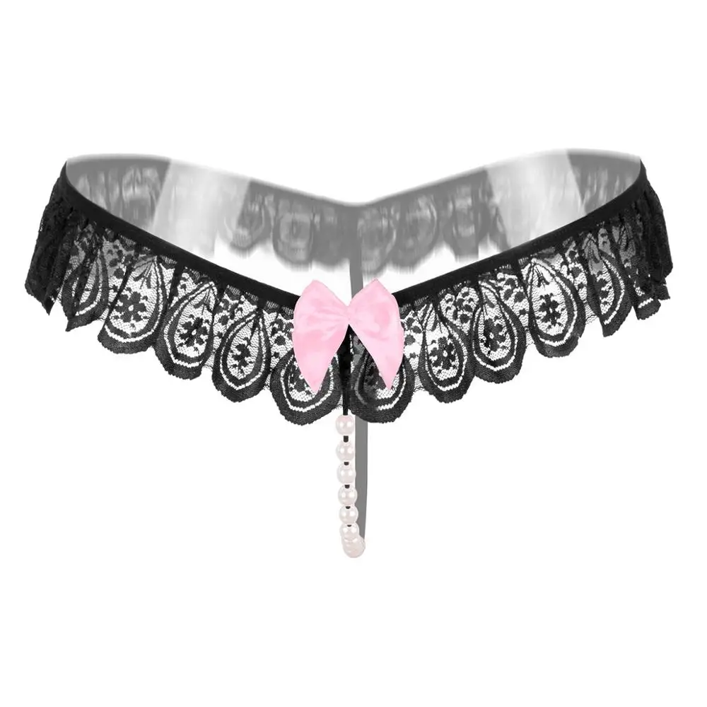 

6 Pcs=1 Set Sexy Panties Pearl Massage Thong Lace Feminine Transparent Underwear Bragas C2165