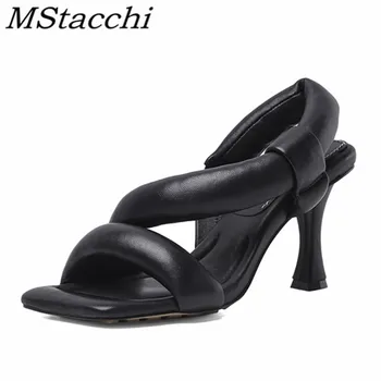 

MStacchi High Heels Sandals Women Square Toe Sheepskin Shoes Softness Comfort Party Women Shoes 2020 New Style Elegant Sandals