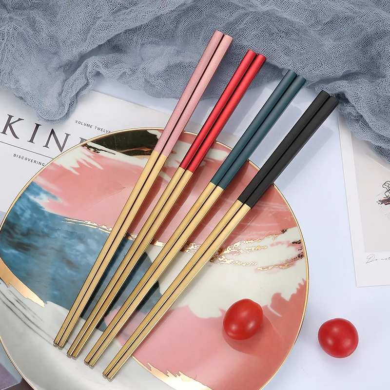 304 Stainless Steel Chopsticks Tableware Black Gold Green Square Non-slip Korean Gold-plated | Дом и сад
