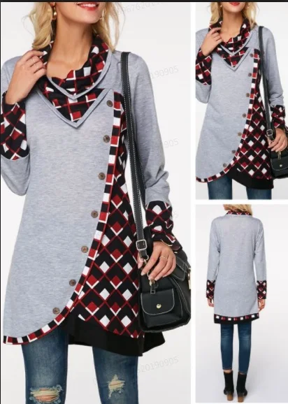 

ROSEGAL Large Size 5XL Knitting Tee Women Long Sleeve Plaid Tunic Turtleneck Casual Tartan Button Sweatshirt Pullover Top Female