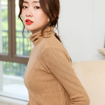 

Autumn and Winter 2019 New Women Diamond Lattice High Collar Thick Wool Cashmere Sweater Loose Sweater Sweater Knit Shirt