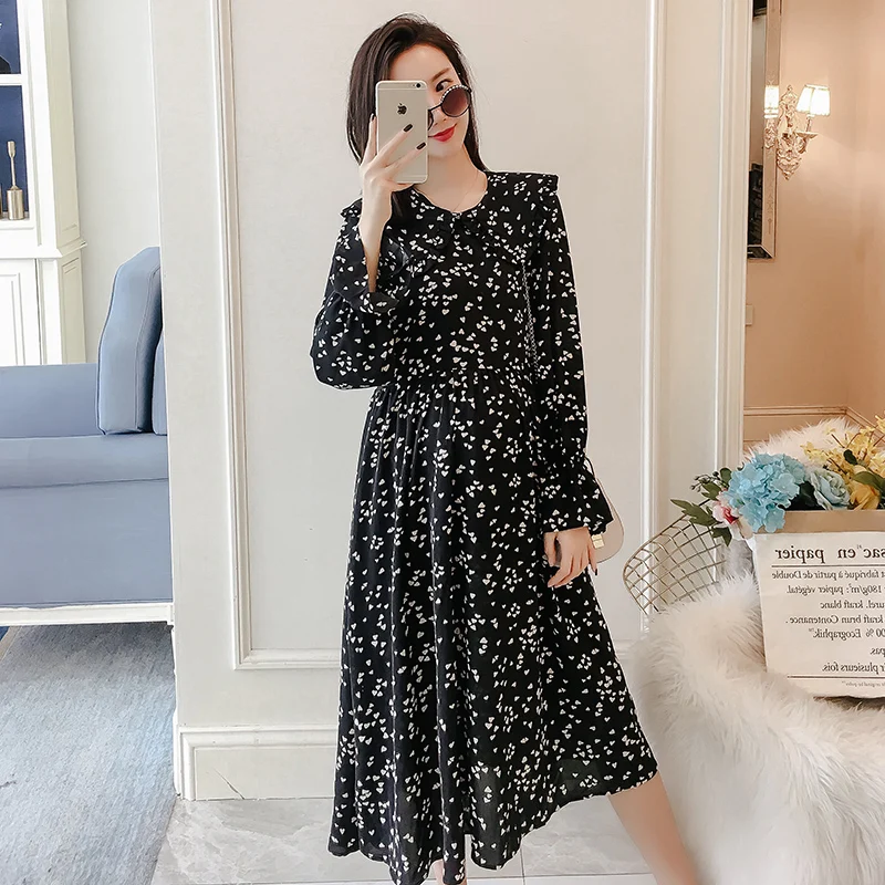 

Autumn Maternity Dress Long Loose Peter Pan Collar Flare Sleeve Pregnant Women Floral Dress Mid-Calf Chiffon Empire Dress Sweet
