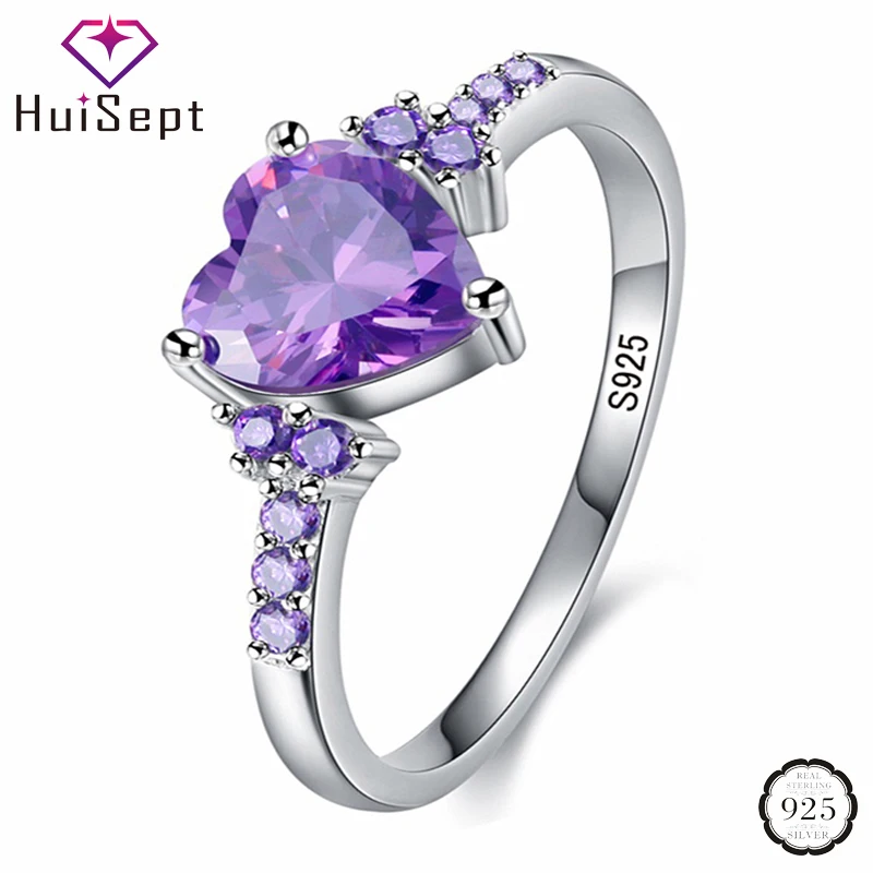 925 Silver Jewelry Ring Heart Shape Amethyst Gemstone Female Wedding Promise Party Ornament silver heart ring silver rings silver ring gemstone ring