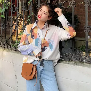 

Women Durable FashionKorean Style Printed Angel Shirt Half Sleeve Vintage Blouses Ladies Turn-down Collar Harajuku Autumn Shirt