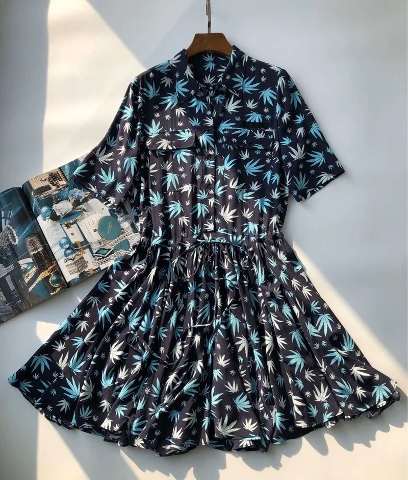 

Women Dress Ice Blue Maple Print Dress