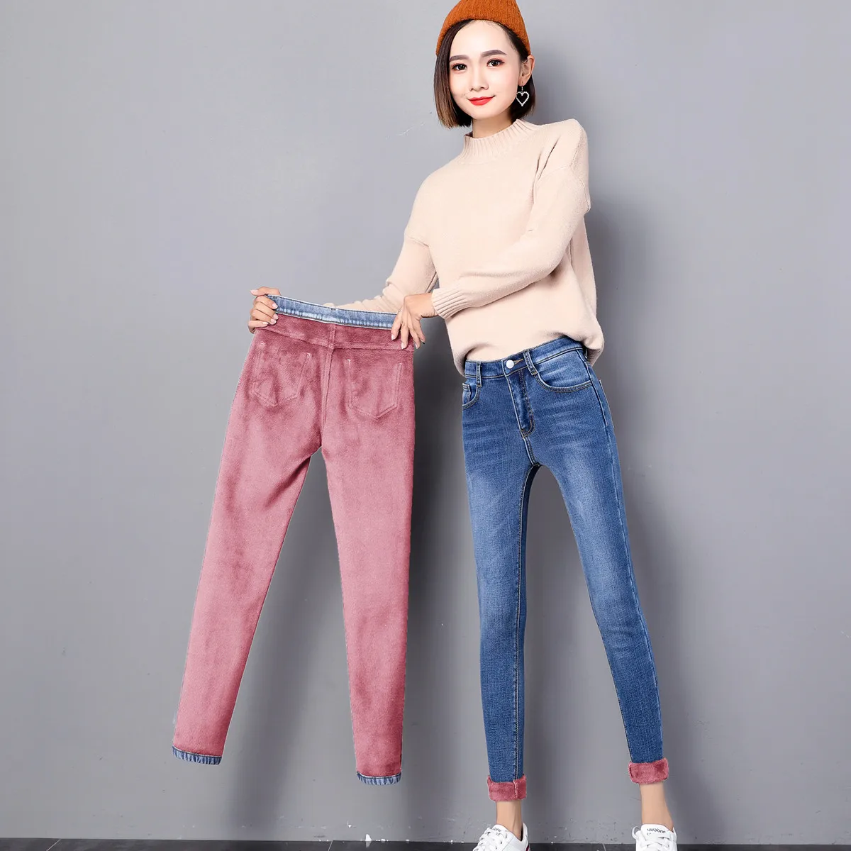 Ff9906 new autumn winter women fashion casual Denim Pants Plus cashmere thickening warm ripped jeans for women