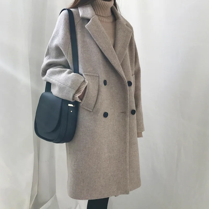 Женское зимнее пальто, Осеннее и зимнее пальто большого размера, одноцветное шерстяное пальто, Корейская версия свободного длинного шерстяного пальто для женщин