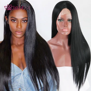 

HUAYA Long Straight Black Wig for Women Natural Middle Part Lace Wig Heat Resistant Fiber Synthetic Natural Wig