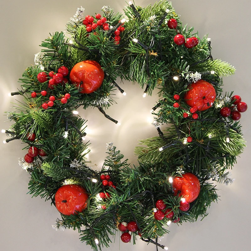

LED Light Christmas Wreath With Red Apple And Berries Decorative Hanging Garland For Holiday Front Door Wall Window Decor