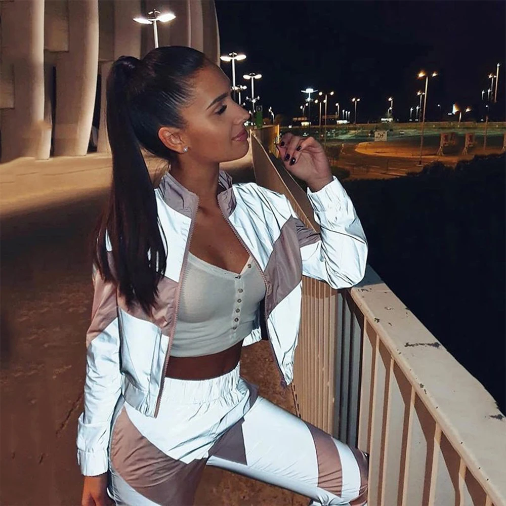 

Autumn Woman Tracksuit 2 Pieces Patchwork Reflective Female Set O-Neck Long Sleeve Zipper Coat Elastic High Waist Long Pants