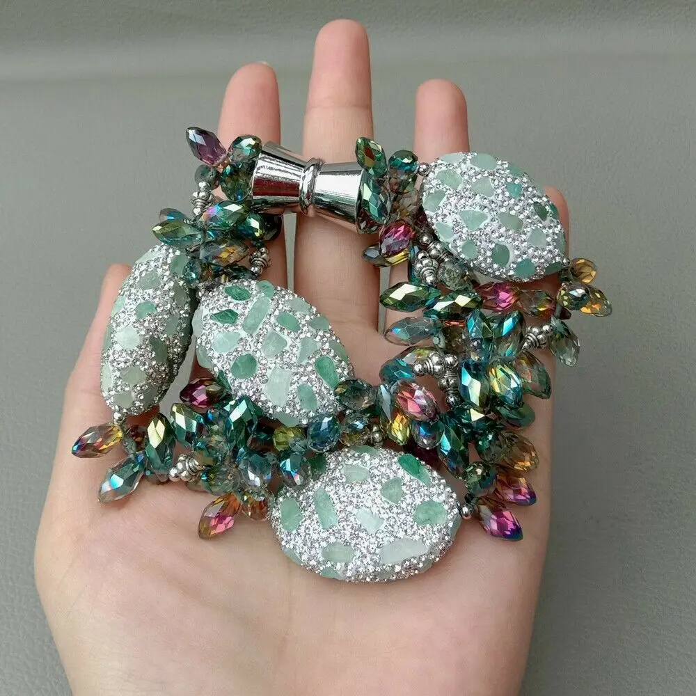 8 ''паве авантюрин чипсы бусины 3 ряда зеленый кристалл браслет