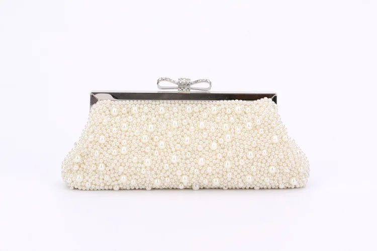 

New Style Entirely Handmade String Embroidered Pearl Evening Bag Industrial Beaded Clutch Beige Wedding New Year Clutch Bag WOME