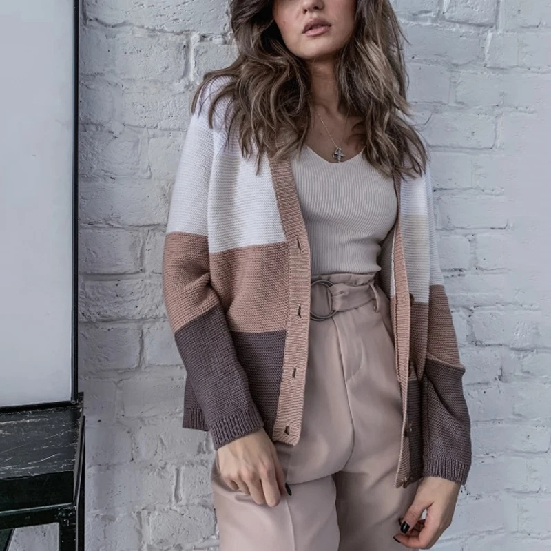 

DeRuiLaDy 2019 Fall V Neck knitted Cardigan Sweater Single Button Stitching Long Sleeve Sweaters Women Winter Chunky Cardigans