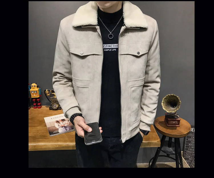Г. nueva chaqueta de cuero de ante forrada de algodón para invierno con capucha cuello de abrigos de piel sinttetica Hombre Abr