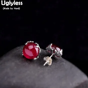 

Uglyless Thai Silver Leaf Earrings for Women Simple MINI Gemstones Corundum Agate Stud Earrings 925 Silver Brincos Jewelry E1523