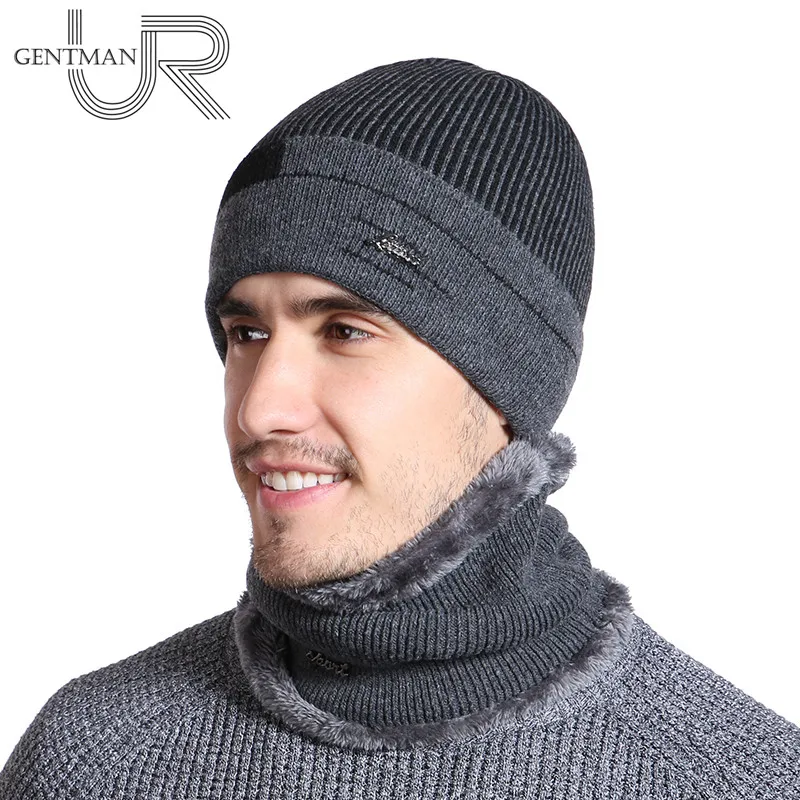 

New Winter Hats For Men High Quality Casual Skullies Beanie Hat Stripe Design Winter Hat Wool Scarf Neck Warmer Knitted Hat