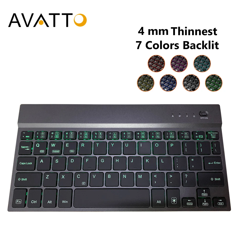 

AVATTO 4mm Super Slim Aluminum Alloy 7 Color Backlit Mini Bluetooth Tablet Keyboard For Android, Mac iOS, Windows Tablet Phone