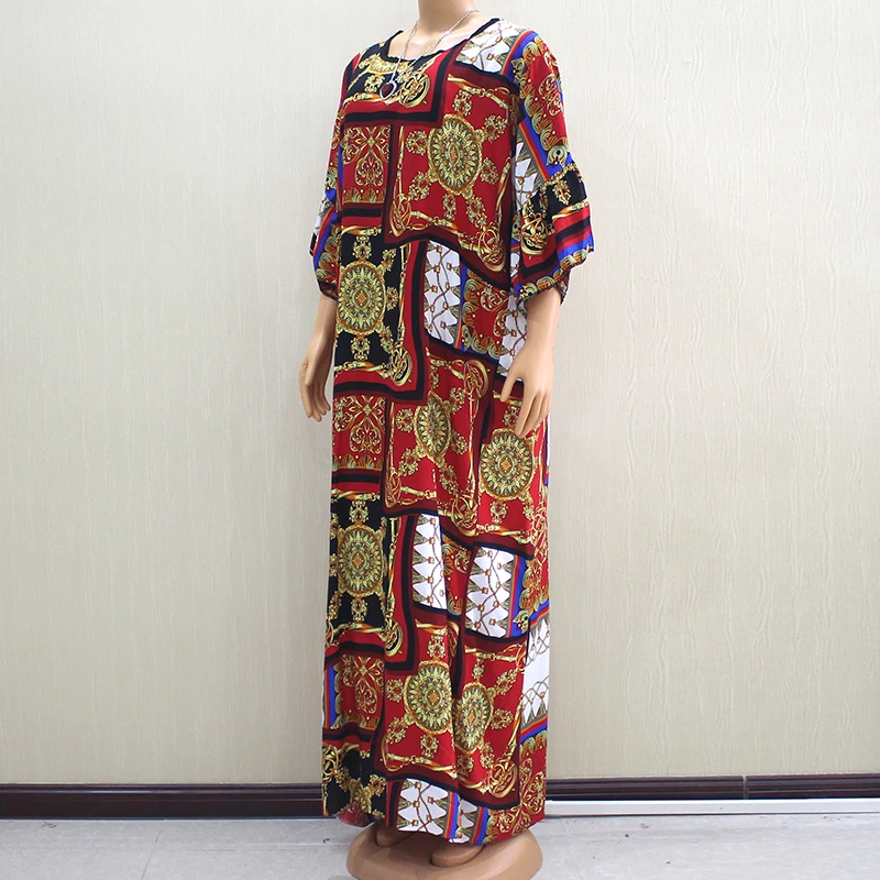 Excellent African Dashiki Dresses For Women Noble Gorgeous Pattern Print Red Cotton O-Neck Dress With Big Scarf