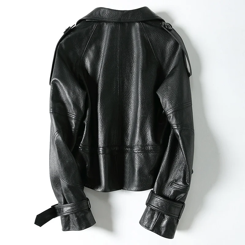 

Sheepskin Leather Genuine Coat Spring Autumn Streetwear Women Real Leather Jacket Short Motorcycle Outwear KQN28004