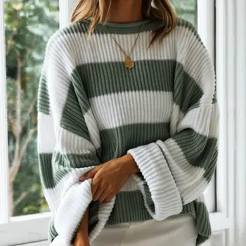 

2019 Casual Oversized Striped Sweater Winter Autumn O Neck Batwing Sleeve Loose Pullover Knitted Ladies Jumper White