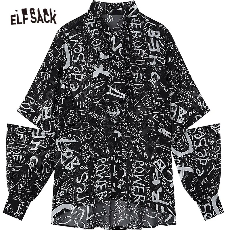ELFSACK Leter Print Bow Neckline Casual Chiffon
