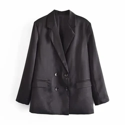 Za 2021 primavera feminino ol escritório casual casaco de seda duplo breasted lapela ternos manga longa outerwear bolso decorativo cetim blazer