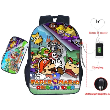 

Kids Paper Mario The Origami King USB Backpack with Pencil Case 2pcs/Set Student Anime School Bag Teens Rucksack Travel Knapsack