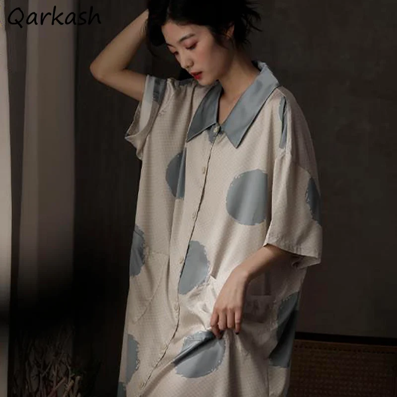 

Nightgowns Women Fashion Loose Home Turn-down Collar Short Sleeve Summer Harajuku Leisure Female Sleepshirts Student Ulzzang New