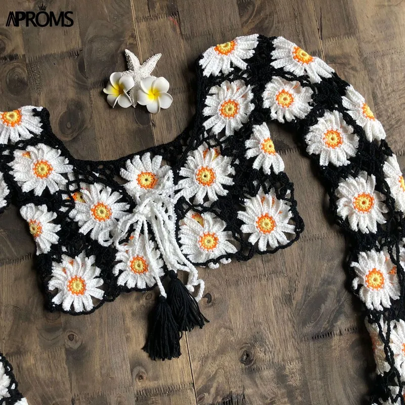 Aproms ручной работы вязаное крючком кружево, хлопок блузка рубашка женское сексуальное, рукав-фонарик вязаный короткий летний топ Пляжная накидка Blusas