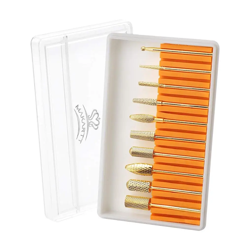 Photo Product Makartt Nail Drill Bit Set Gold Tungsten Carbide Diamond Nail Drill Bits 10Pcs Remove Acrylic Nails Gel Polish Poly Nail Gel